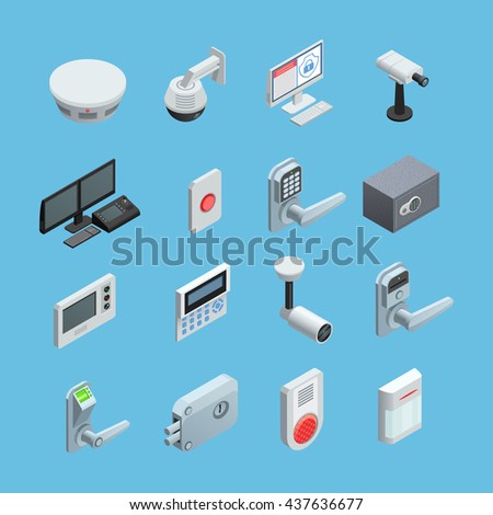 Home security system elements isometric icons collection with surveillance motion sensor camera with alarm abstract isolated vector illustration - stock vector Home security system elements isometric icons collection with surveillance motion sensor camera with alarm abstract isolated vector illustration - stock vector