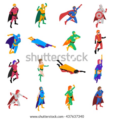 Heroic powerful superhero popular strip cartoon character in action isometric icons collection abstract isolated vector illustration - stock vector Heroic powerful superhero popular strip cartoon character in action isometric icons collection abstract isolated vector illustration - stock vector
