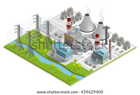 Vector illustration of thermal power station for production of electrical energy with chimneys industrial buildings and power line supports isometric concept Vector illustration of thermal power station for production of electrical energy with chimneys industrial buildings and power line supports isometric concept
