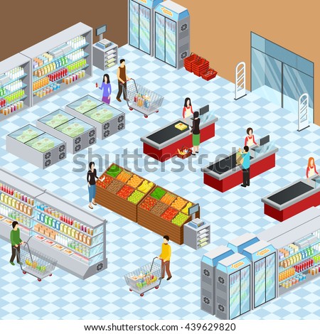 Supermarket grocery store interior design isometric composition with customers at display racks and paying abstract vector illustration - stock vector Supermarket grocery store interior design isometric composition with customers at display racks and paying abstract vector illustration - stock vector
