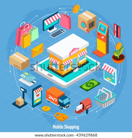 Mobile shopping isometric concept with related elements on light blue background vector illustration - stock vector Mobile shopping isometric concept with related elements on light blue background vector illustration - stock vector