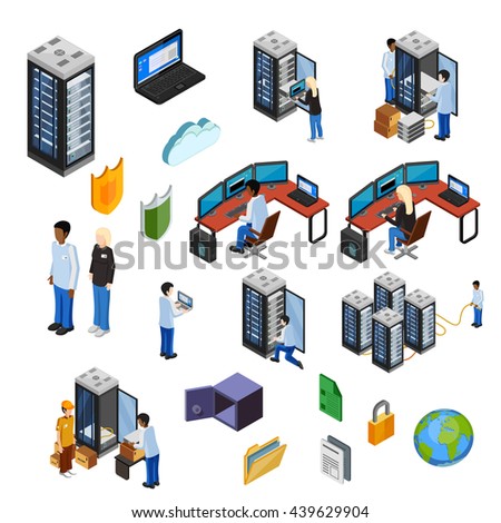 Datacenter isometric icons set of server hardware data security technical specialists using it technology flat vector illustration - stock vector Datacenter isometric icons set of server hardware data security technical specialists using it technology flat vector illustration - stock vector