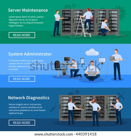 IT administrator horizontal banners with network engineers working in server room for hardware diagnostic flat vector illustration - stock vector IT administrator horizontal banners with network engineers working in server room for hardware diagnostic flat vector illustration - stock vector