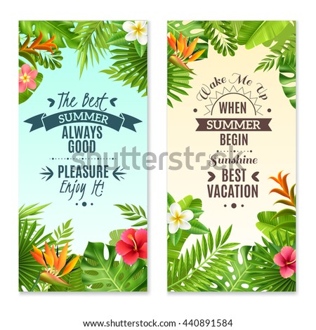 Summer vacation in tropical rainforest 2 vertical banners with hibiscus and bird paradise plants flowers isolated vector illustration - stock vector Summer vacation in tropical rainforest 2 vertical banners with hibiscus and bird paradise plants flowers isolated vector illustration - stock vector