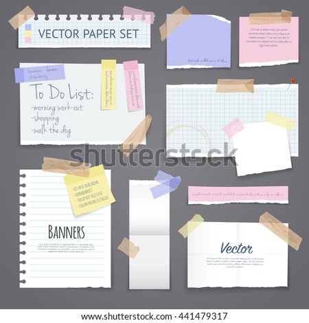 Paper banners with notes set attached with sticky colorful tape on grey background isolated realistic vector illustration - stock vector Paper banners with notes set attached with sticky colorful tape on grey background isolated realistic vector illustration - stock vector