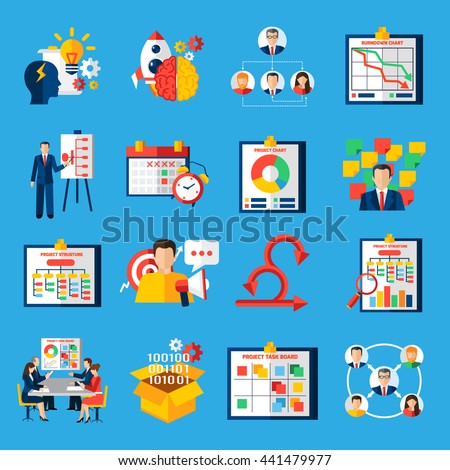 Scrum agile development framework methodology symbols for managing complex projects flat icons collection abstract isolated vector illustratin - stock vector Scrum agile development framework methodology symbols for managing complex projects flat icons collection abstract isolated vector illustratin - stock vector