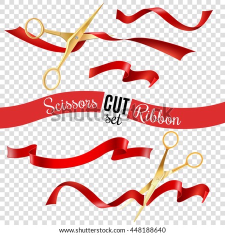 Golden scissors and ribbon transparent set with opening ceremony symbols realistic isolated vector illustration - stock vector Golden scissors and ribbon transparent set with opening ceremony symbols realistic isolated vector illustration - stock vector