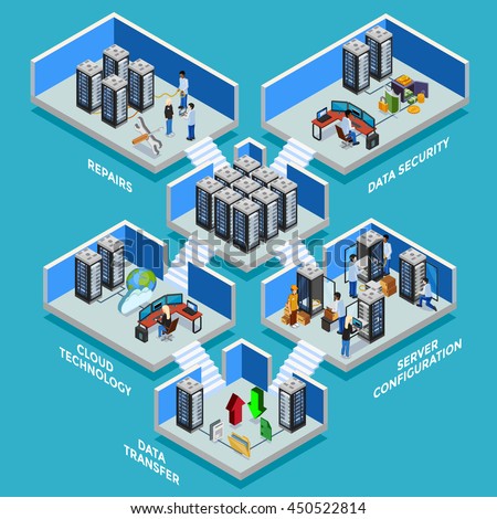 Datacenter isometric concept with data security server room data transfer and cloud technology 3d compositions flat vector illustration - stock vector Datacenter isometric concept with data security server room data transfer and cloud technology 3d compositions flat vector illustration - stock vector
