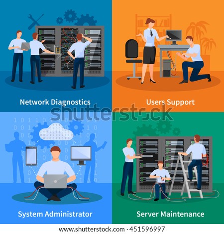 Network engineer and it administrator 2x2 design concept set of network diagnostics users support and server maintenance elements vector illustration - stock vector Network engineer and it administrator 2x2 design concept set of network diagnostics users support and server maintenance elements vector illustration - stock vector