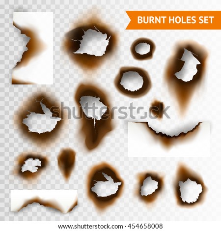 Set of scorched piece of paper and burnt holes on transparent background isolated vector illustration - stock vector Set of scorched piece of paper and burnt holes on transparent background isolated vector illustration - stock vector