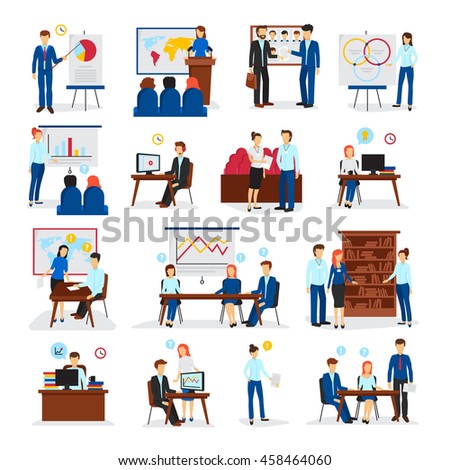 Business training and consulting programs for general management strategy and innovations flat icons collection isolated vector illustration - stock vector Business training and consulting programs for general management strategy and innovations flat icons collection isolated vector illustration - stock vector