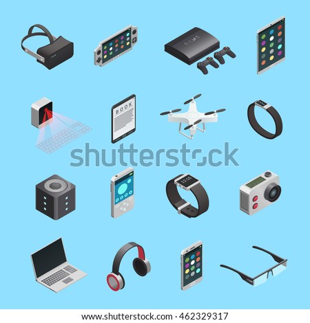 Isometric icons set of different electronic gadgets for communication playing music photo and other functions isolated vector illustration Isometric icons set of different electronic gadgets for communication playing music photo and other functions isolated vector illustration
