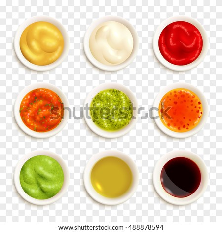 Set of color icons depicting different sauce in plate vector illustration Set of color icons depicting different sauce in plate vector illustration