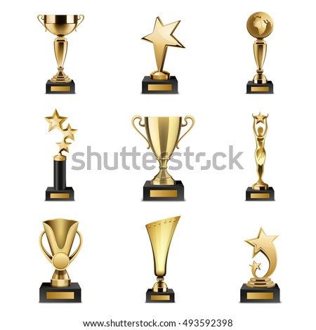 Beautiful golden trophy cups and awards of different shape realistic set isolated on white background vector illustration Beautiful golden trophy cups and awards of different shape realistic set isolated on white background vector illustration