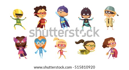 Kids wearing colorful costumes of different superheroes retro set isolated on white background cartoon vector illustration Kids wearing colorful costumes of different superheroes retro set isolated on white background cartoon vector illustration