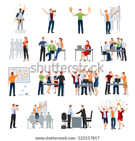 Business startup work moments flat icons collection with meeting planning presentation brainstorming teamwork and success isolated vector illustration Business startup work moments flat icons collection with meeting planning presentation brainstorming teamwork and success isolated vector illustration