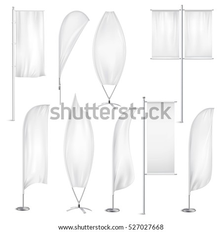 Advertisement blank flags and banners various shapes templates collection white with background realistic isolated vector illustration Advertisement blank flags and banners various shapes templates collection white with background realistic isolated vector illustration