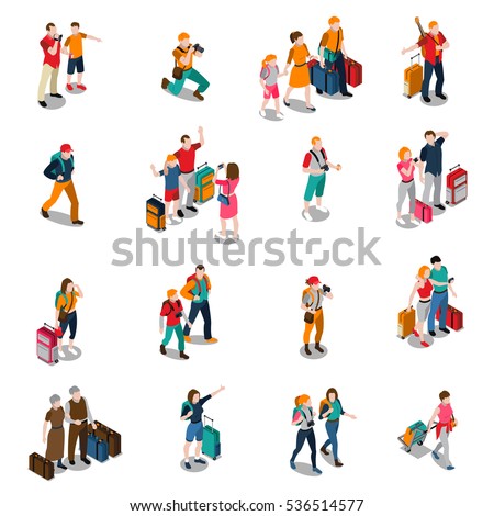 Travel people isometric icons with men women kids in different poses and baggage isolated vector illustration Travel people isometric icons with men women kids in different poses and baggage isolated vector illustration