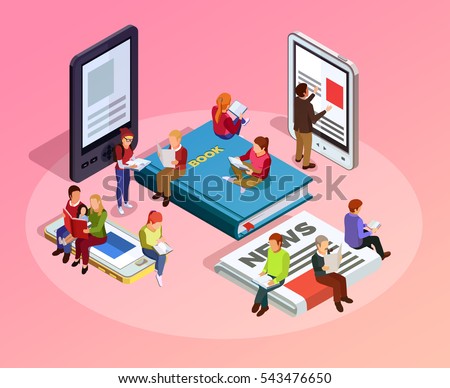 Reading people isometric composition women men and family sitting on books newspapers and read vector illustration Reading people isometric composition women men and family sitting on books newspapers and read vector illustration
