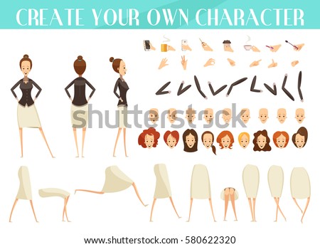 Creation of woman set with emotions and hairstyles various poses and gestures cartoon style isolated vector illustration Creation of woman set with emotions and hairstyles various poses and gestures cartoon style isolated vector illustration