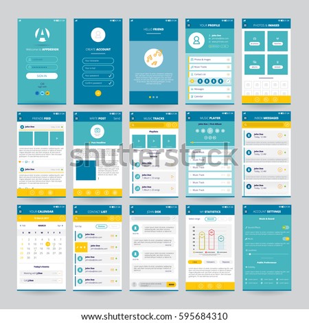 Set of mobile screens with UI for applications including music player photos and messages isolated vector illustration Set of mobile screens with UI for applications including music player photos and messages isolated vector illustration