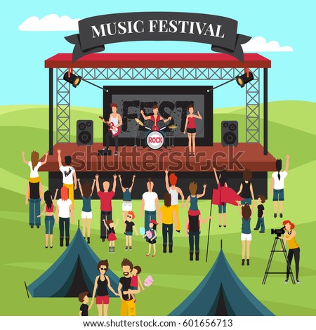 Open air festival background with summer suburban landscape rock band on stage crowd and camping park vector illustration Open air festival background with summer suburban landscape rock band on stage crowd and camping park vector illustration
