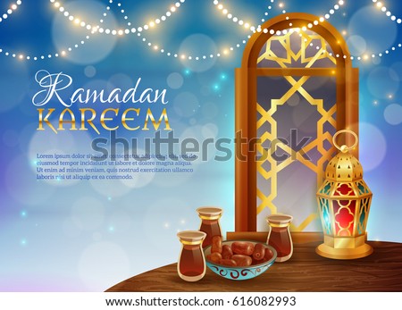 Ramadan kareem muslim holy month traditional festive food and light guirlande decorative background realistic poster vector illustration Ramadan kareem muslim holy month traditional festive food and light guirlande decorative background realistic poster vector illustration