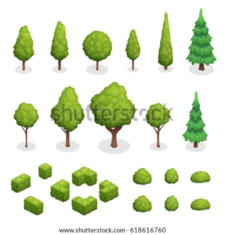Isometric set of park plants with green trees and bushes of various shapes isolated vector illustration Isometric set of park plants with green trees and bushes of various shapes isolated vector illustration