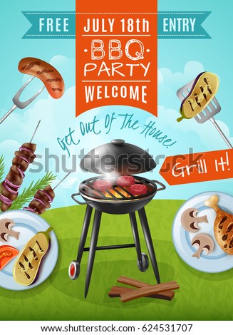 Barbecue party poster with steaks on grill, plates with chicken and vegetables, meat on skewers vector illustration Barbecue party poster with steaks on grill, plates with chicken and vegetables, meat on skewers vector illustration
