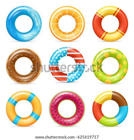 Life buoy swimming rings colorful realistic icons collection with american flag and chocolate doughnut isolated vector illustration Life buoy swimming rings colorful realistic icons collection with american flag and chocolate doughnut isolated vector illustration