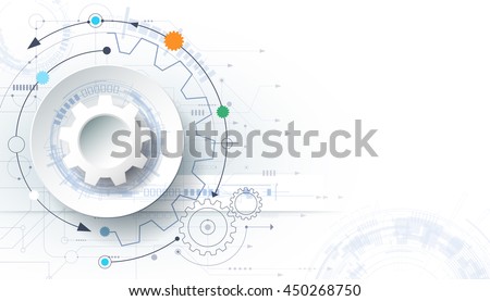 Vector futuristic technology background, 3d white paper gear wheel on circuit board. Hi-tech, engineering, digital telecoms concept. Blank space for content, web template, business tech presentation - stock vector Vector futuristic technology background, 3d white paper gear wheel on circuit board. Hi-tech, engineering, digital telecoms concept. Blank space for content, web template, business tech presentation - stock vector