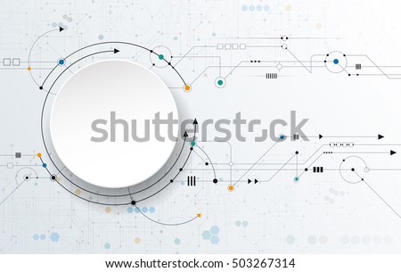 Vector Abstract futuristic, 3d white paper circle label and circuit board. Illustration high tech computer technology over light gray color background. Hi-tech digital technology concept Vector Abstract futuristic, 3d white paper circle label and circuit board. Illustration high tech computer technology over light gray color background. Hi-tech digital technology concept