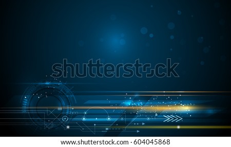 Vector Abstract, science, futuristic, energy technology concept. Image of circuit board, arrow sign, light rays, stripes lines with blue light, speed movement, motion blur over dark blue background Vector Abstract, science, futuristic, energy technology concept. Image of circuit board, arrow sign, light rays, stripes lines with blue light, speed movement, motion blur over dark blue background