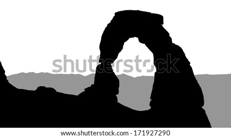 Silhouette of Delicate Arch with mountains in the background - stock vector