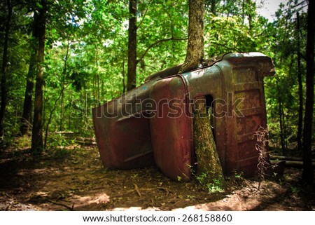 Tree growing through a old rusty truck - stock photo