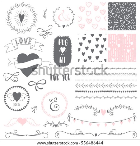 Romantic set with elements for design. Brushes, frames, seamless patterns and other elements. Vector illustration. Romantic set with elements for design. Brushes, frames, seamless patterns and other elements. Vector illustration.