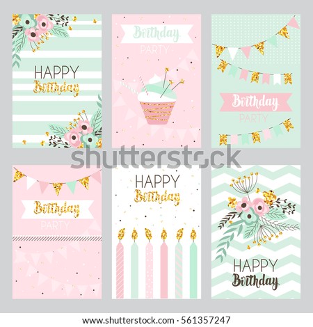 Happy birthday and invitation card with golden sparkle dots, flowers, cake, candle . Illustration in vintage style, pastel colors, vector. Happy birthday and invitation card with golden sparkle dots, flowers, cake, candle . Illustration in vintage style, pastel colors, vector.