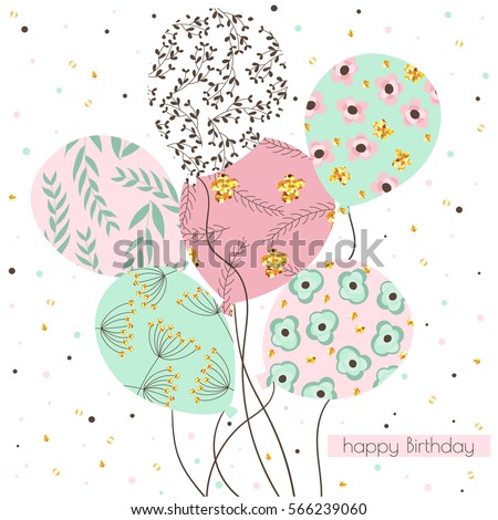Birthday background with balloons with floral pattern and sparkles in pastel colors. Birthday background with balloons with floral pattern and sparkles in pastel colors.