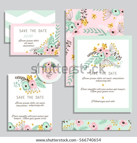 Vintage wedding invitation set design template with abstract flowers. Can be used for Save The Date, mothers day, valentines day, birthday cards, invitations. Vintage wedding invitation set design template with abstract flowers. Can be used for Save The Date, mothers day, valentines day, birthday cards, invitations.