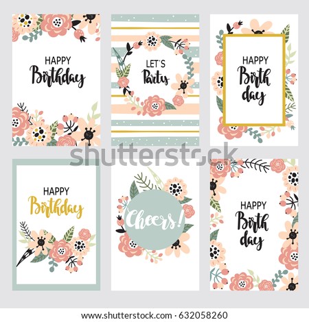 Vintage birthday set design template with abstract flowers and hand-written text. Collection of beautiful greeting cards in the Doodle style. Vintage birthday set design template with abstract flowers and hand-written text. Collection of beautiful greeting cards in the Doodle style.