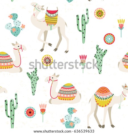 Seamless background with camels with ethnic saddles, cactus and flowers. Vector illustration. Seamless background with camels with ethnic saddles, cactus and flowers. Vector illustration.