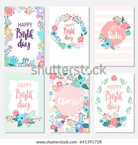 Vintage birthday cards design set with abstract flowers and hand-written text. Collection of beautiful greeting cards in the Doodle style. Vintage birthday cards design set with abstract flowers and hand-written text. Collection of beautiful greeting cards in the Doodle style.