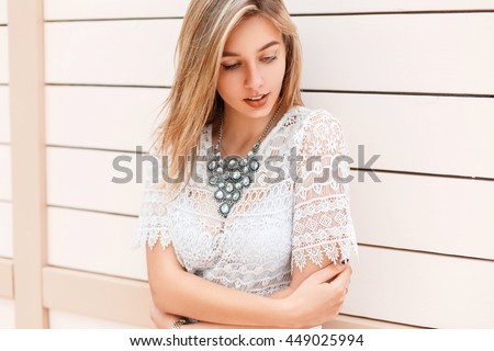 blouse down looking young lacy near wooden shutterstock adult