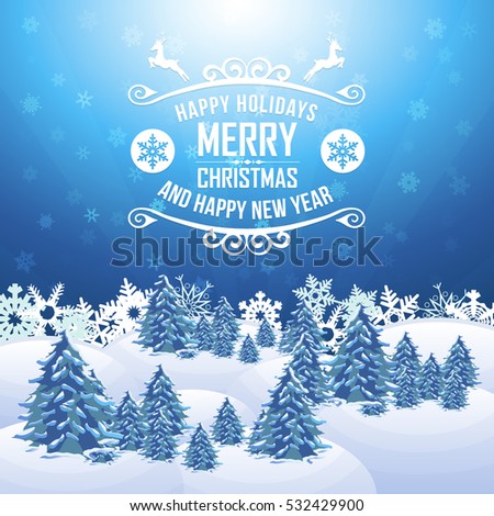 Christmas Landscape, Winter Background Design, Snowflakes, Hills, Pine Tree and Snow Illustration, Greeting Card Template Christmas Landscape, Winter Background Design, Snowflakes, Hills, Pine Tree and Snow Illustration, Greeting Card Template