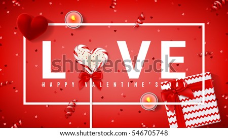 Happy Valentine's Day red banner. Top view on composition with lollipop, gift box, case for ring, candles and confetti. Candy in the form of heart isolated on red backdrop. Vector illustration. Happy Valentine's Day red banner. Top view on composition with lollipop, gift box, case for ring, candles and confetti. Candy in the form of heart isolated on red backdrop. Vector illustration.