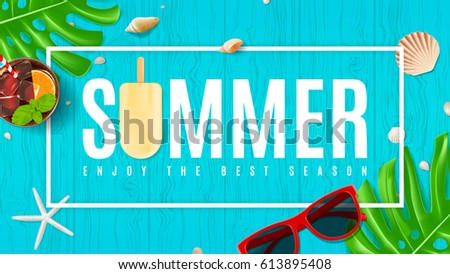 Beautiful summer background with seashells. Top view on composition with sun glasses, fresh cocktail and ice cream on wooden texture. Vector illustration. Web banner of summer vacation. Beautiful summer background with seashells. Top view on composition with sun glasses, fresh cocktail and ice cream on wooden texture. Vector illustration. Web banner of summer vacation.