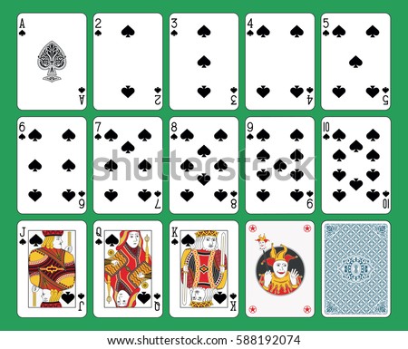 Playing cards spades suit on green background. Original figures, joker and back. Playing cards spades suit on green background. Original figures, joker and back.