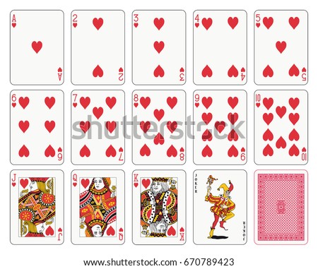 Playing cards, heart suit, joker and back Playing cards, heart suit, joker and back