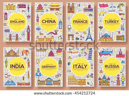 Set of thin line travel world country concept. Art traditional, magazine, book, poster, abstract, banners, element. Vector outline package greeting card or invitation design background - stock vector Set of thin line travel world country concept. Art traditional, magazine, book, poster, abstract, banners, element. Vector outline package greeting card or invitation design background - stock vector