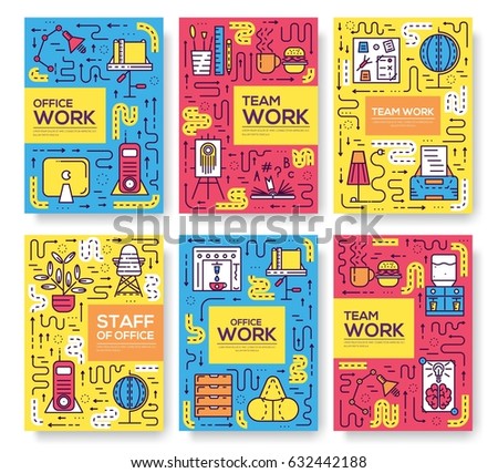 Modern office interior landscape concept. Thin line icons with flat background design. Place for work. workplace designer and it people room Modern office interior landscape concept. Thin line icons with flat background design. Place for work. workplace designer and it people room